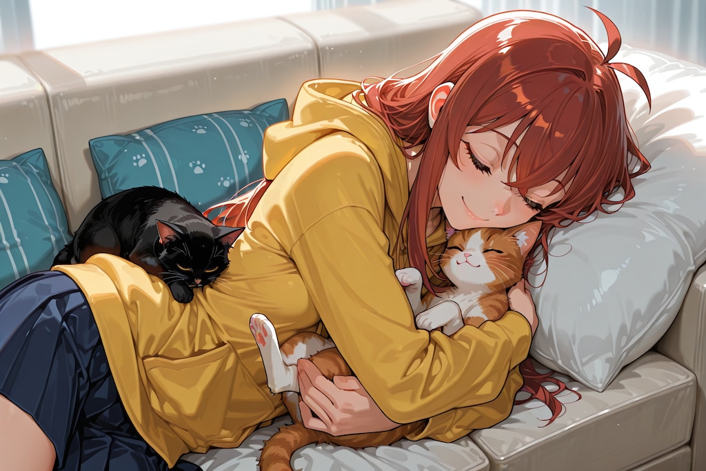 茶髪ロングJKと猫