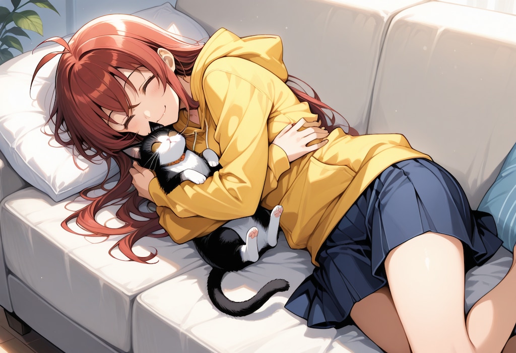 茶髪ロングJKと猫