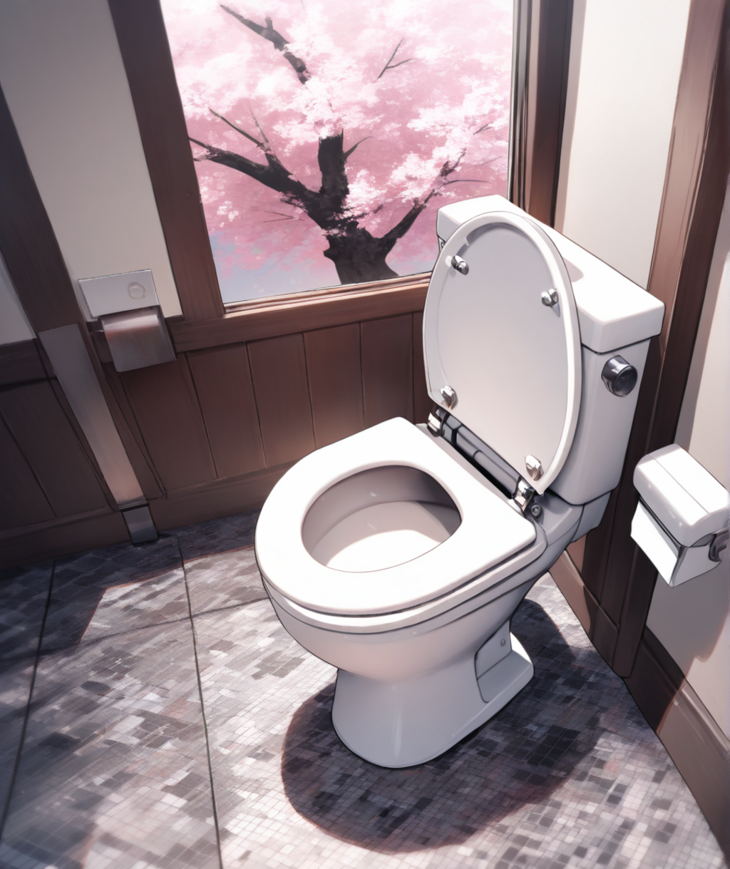 外の桜とモザイクタイルの床とトイレ