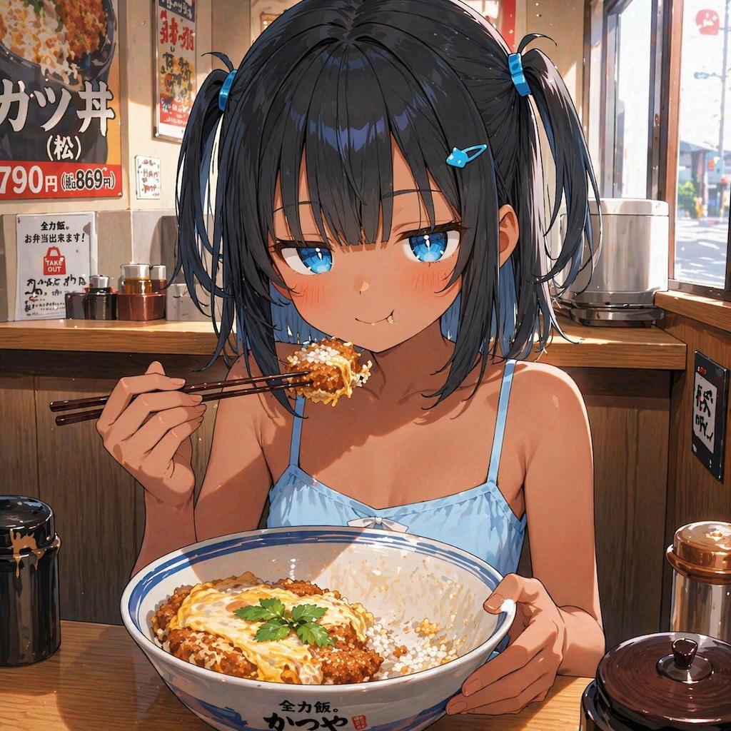 カツ丼を食べるこなつちゃん