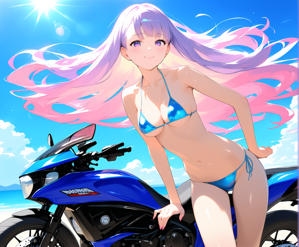 ビーチとビキニ娘とオートバイ・・・帰ったら洗車しなきゃね♡