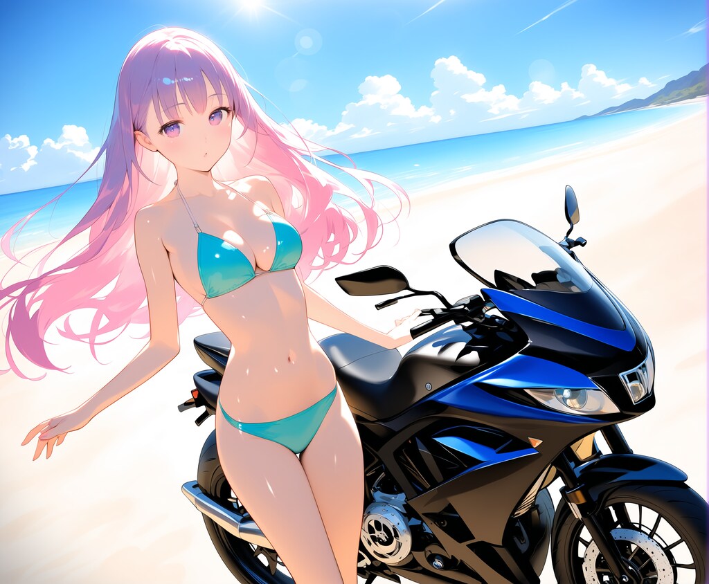 ビーチとビキニ娘とオートバイ・・・帰ったら洗車しなきゃね♡