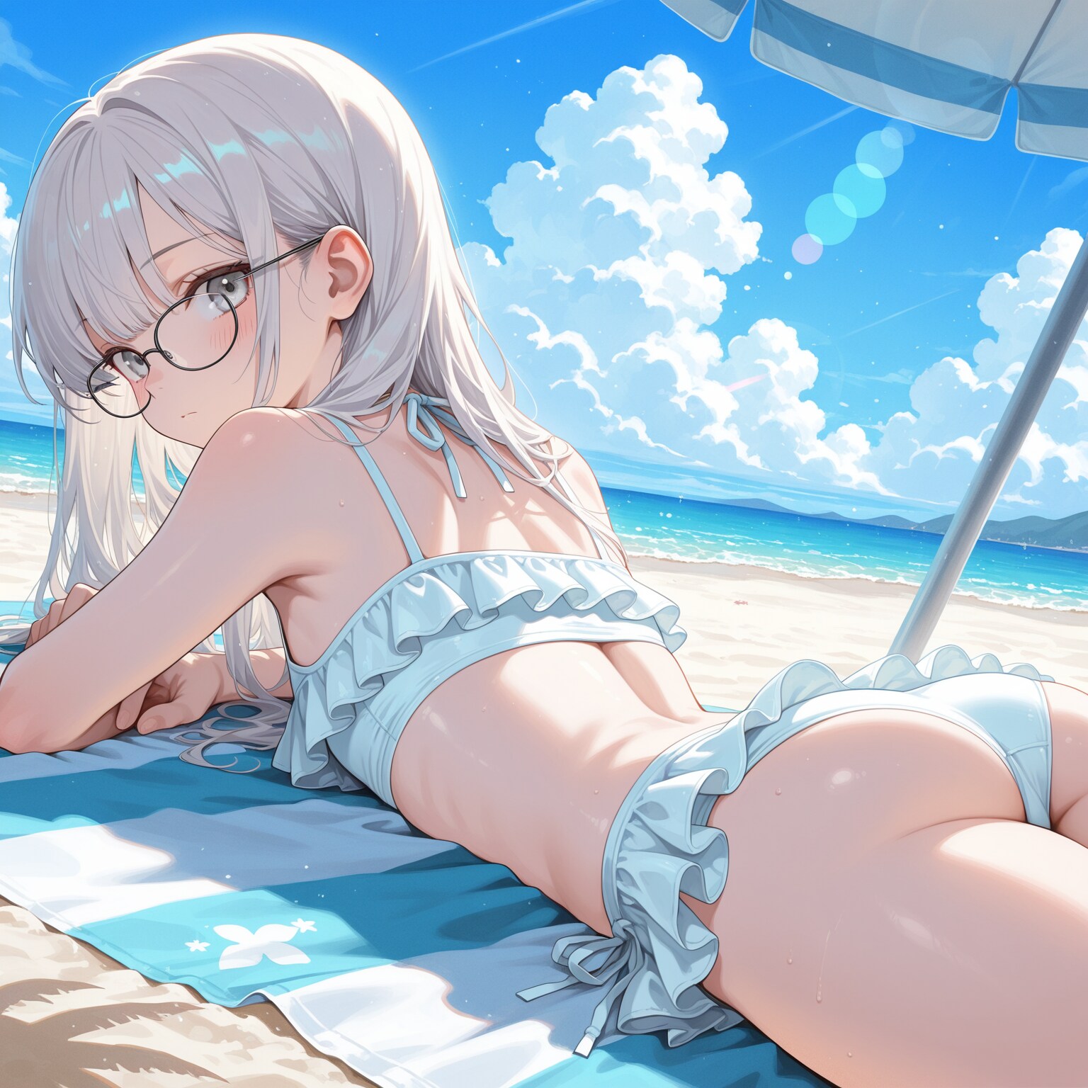 ビーチパラソルで休憩中の栞ちゃん