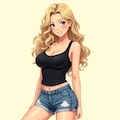 金髪スレンダーギャルちょっとボインな黒のタンクトップにデニムショーツ 2枚目