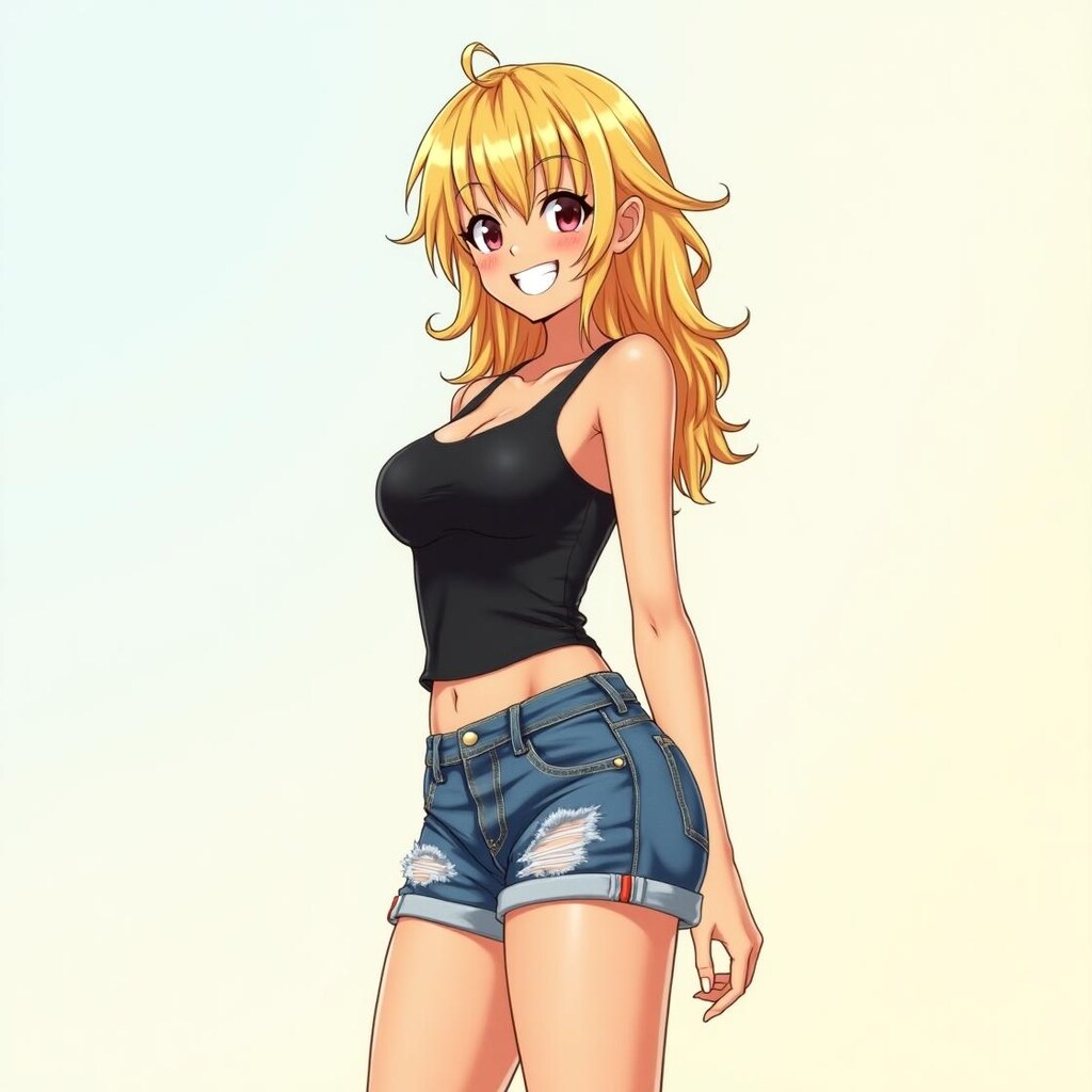金髪スレンダーギャルちょっとボインな黒のタンクトップにデニムショーツ