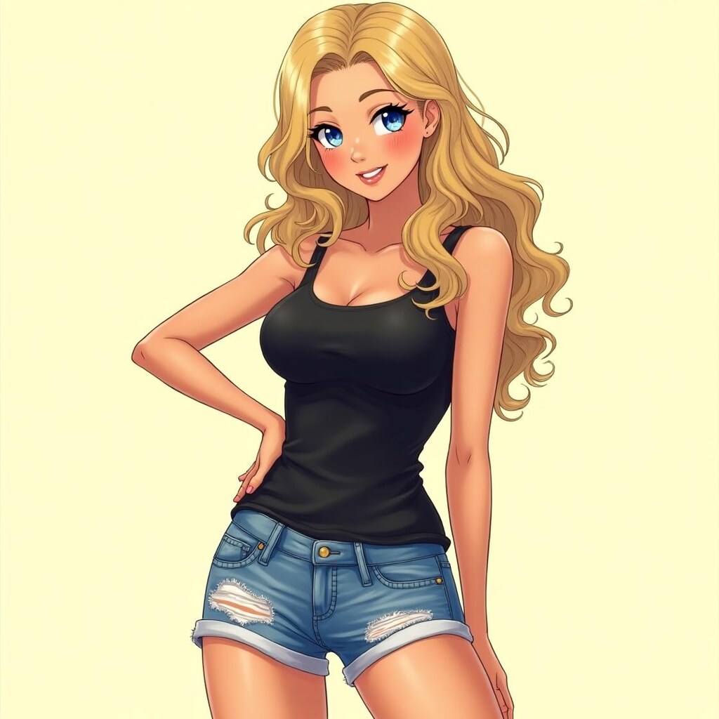 金髪スレンダーギャルちょっとボインな黒のタンクトップにデニムショーツ