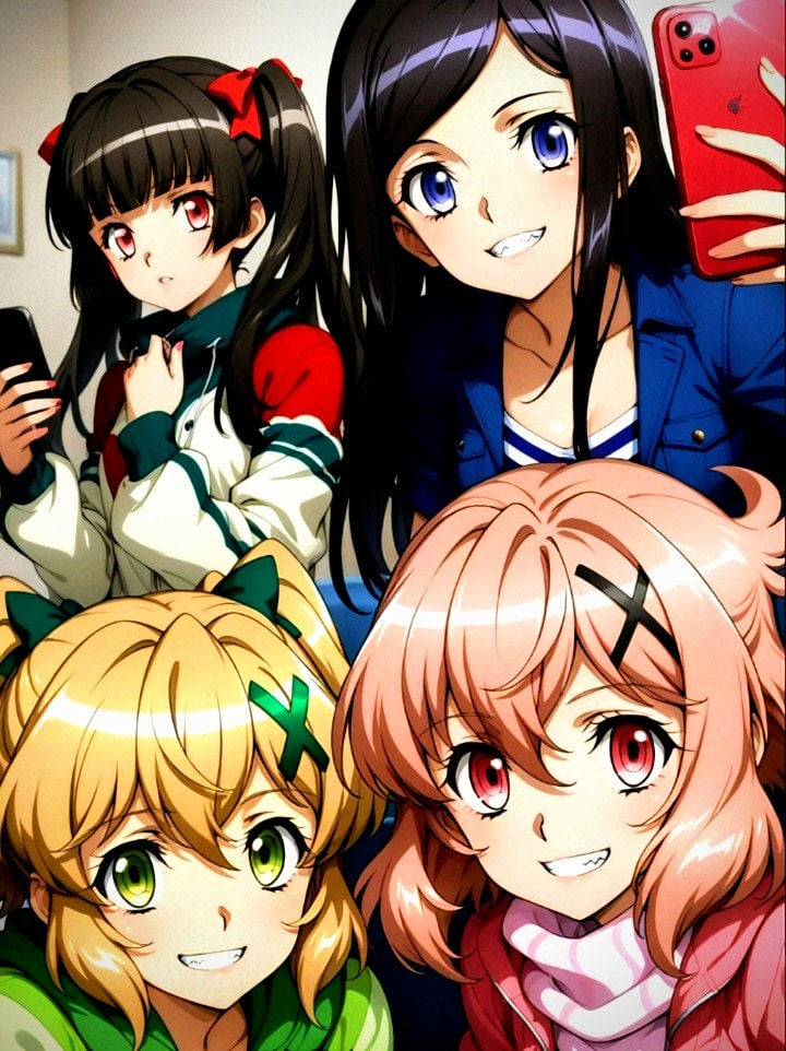 プロンプト化再生成実験。　　　　　　　　　　　　　　　　嘲笑う3人の娘達💚❤️💙