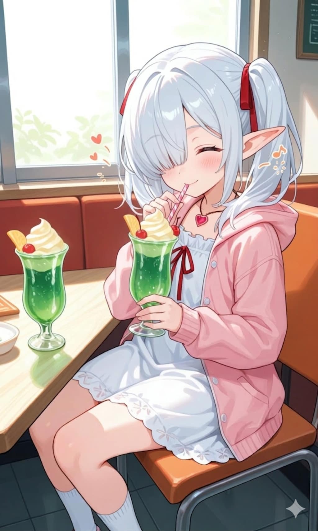 メロンクリームソーダを飲むシロネさん