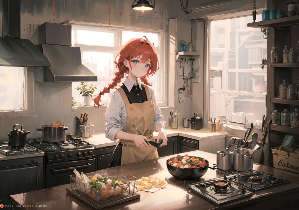 料理をしながら父の帰りを待つ少女