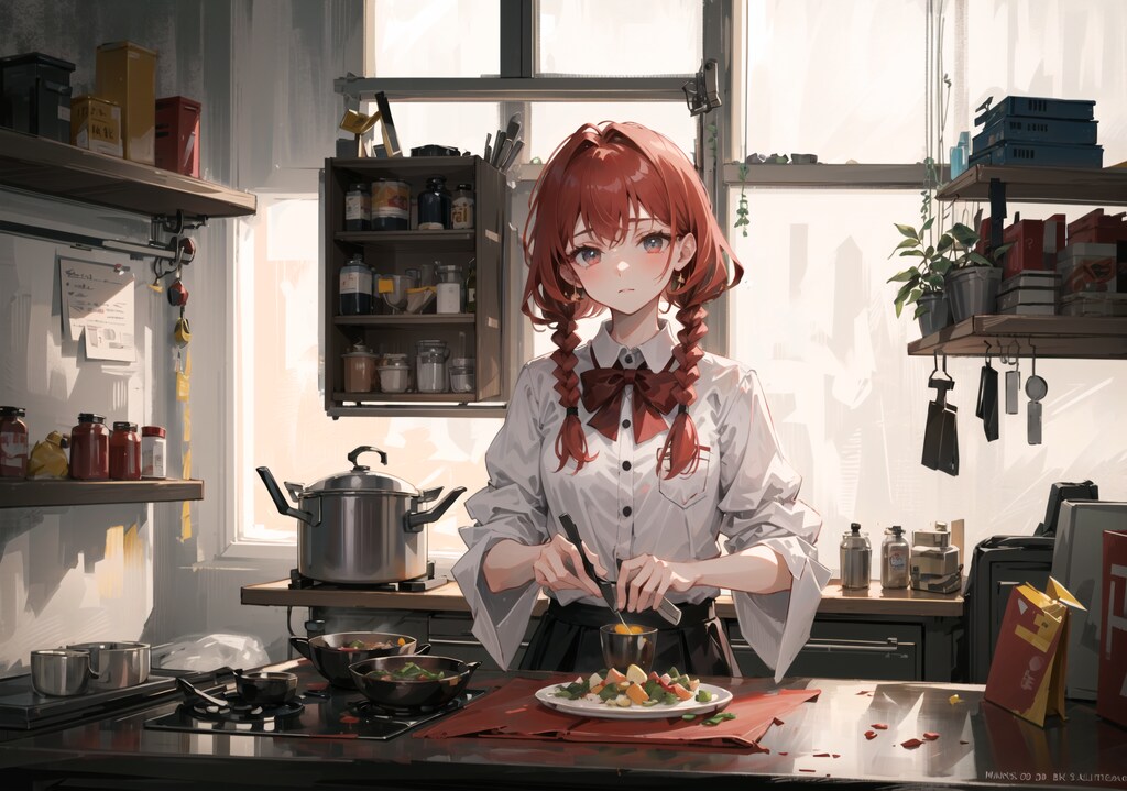 料理をしながら父の帰りを待つ少女
