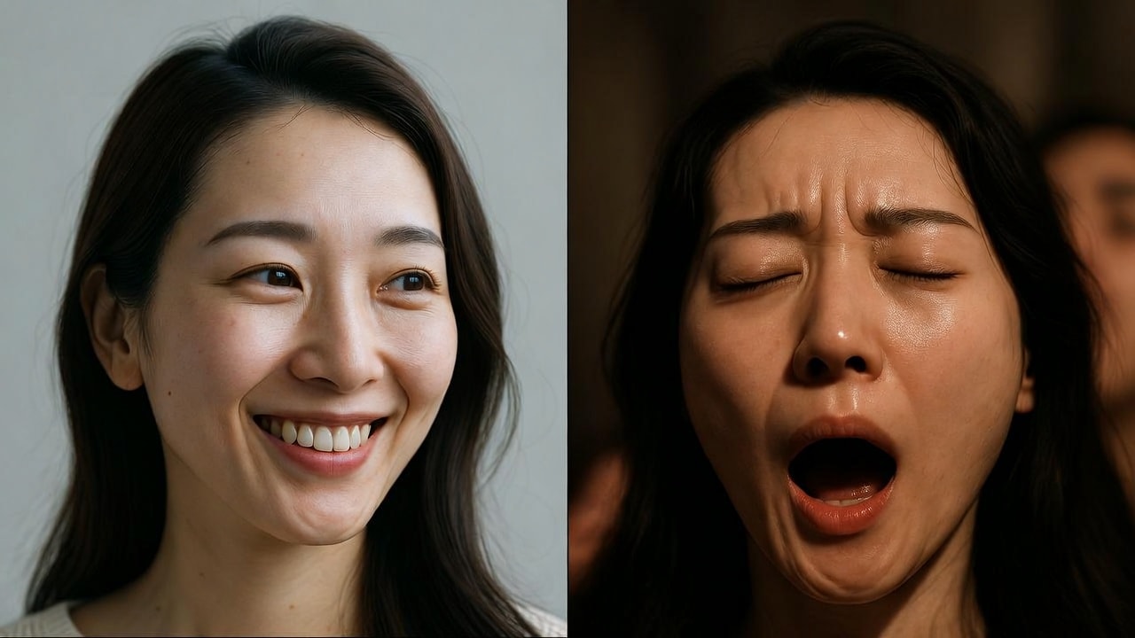 29歳日本人女性の笑顔とイキ顔の比較写真