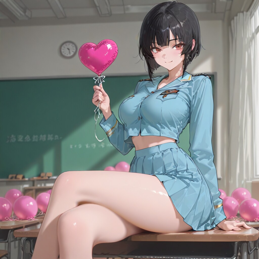 いっぱい風船を持つ黒髪ショートカットの海兵服着た美女 | の人気AIイラスト・グラビア