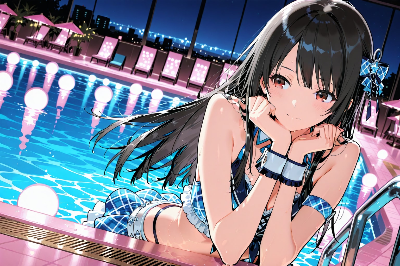 【習作】　オリジナルキャラ系アイドルの水着姿　by プールサイド | の人気AIイラスト・グラビア