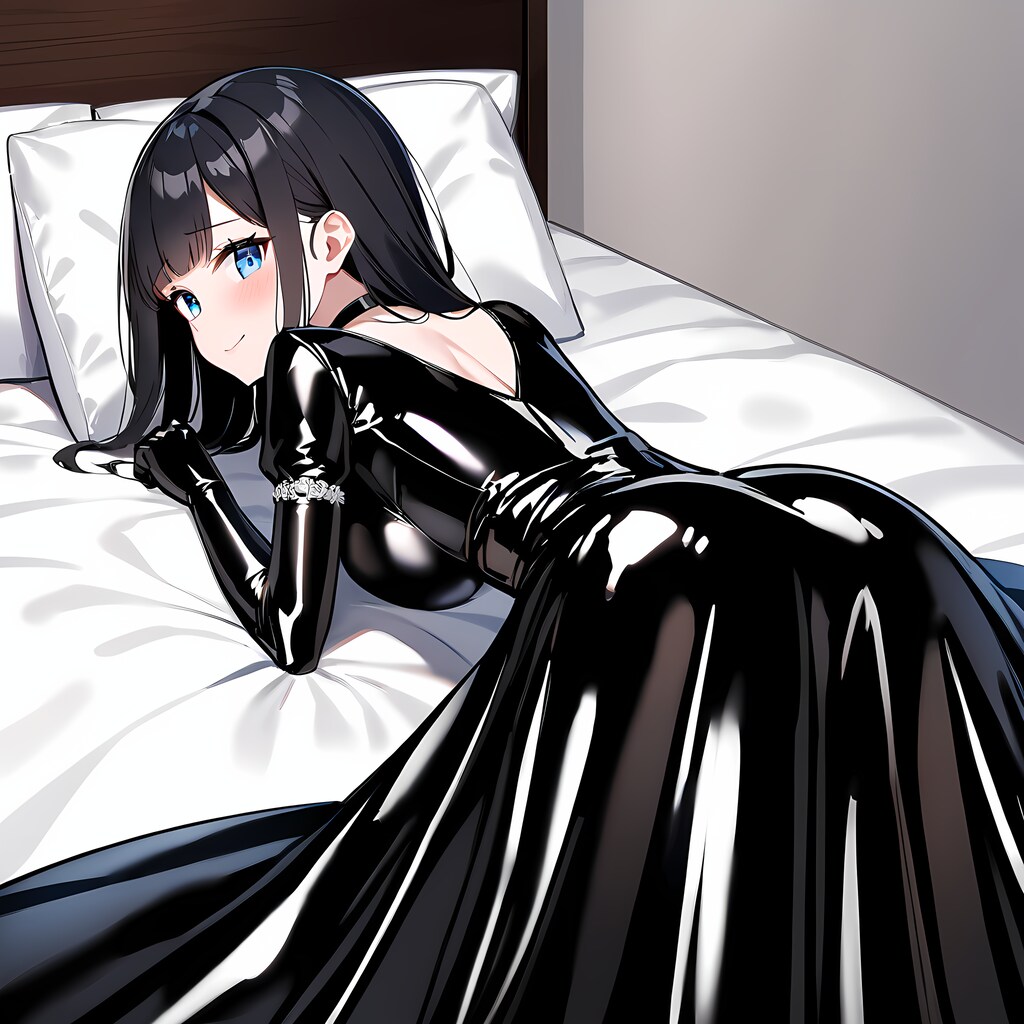 黒エナメルロングドレス 肩出しなし うつ伏せ