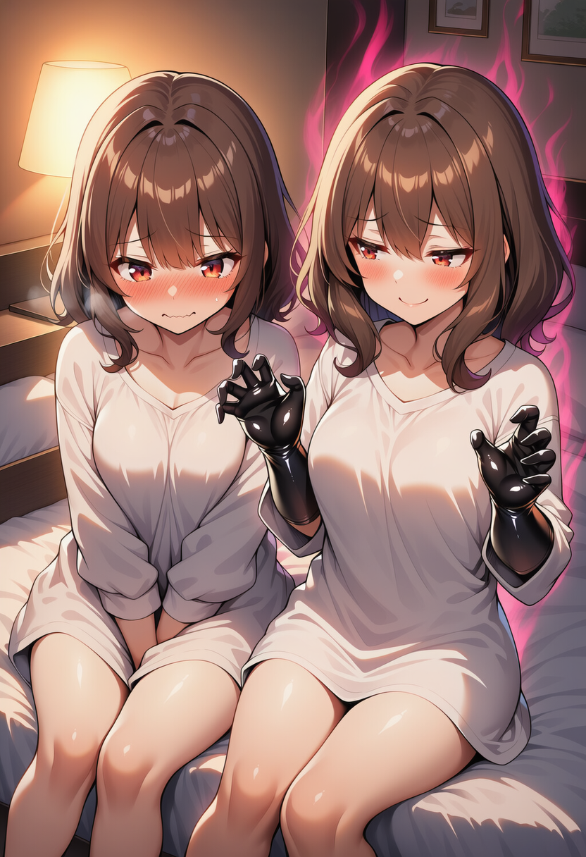 「この手袋、つるつるで着けてるだけで気持ちいいのよ♥これでくすぐったら…どうなると思う？」 「貴女…どこからそんな物…うちにはそんな物なかったはずよ…」 | の人気AIイラスト・グラビア