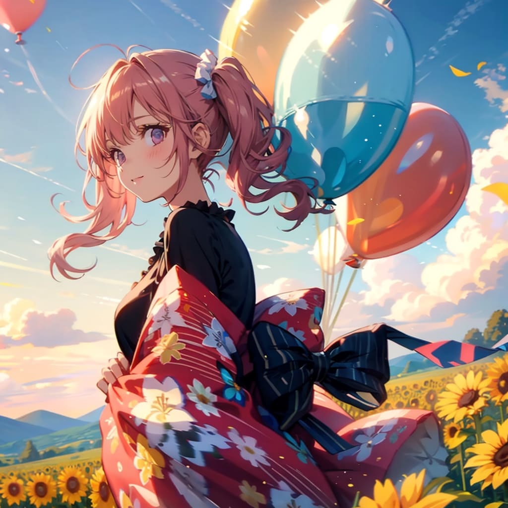 ヒマワリ畑でいっぱい色とりどりの風船を持つ赤い髪ツインテールの紫色の花柄の着物着た美女 | の人気AIイラスト・グラビア