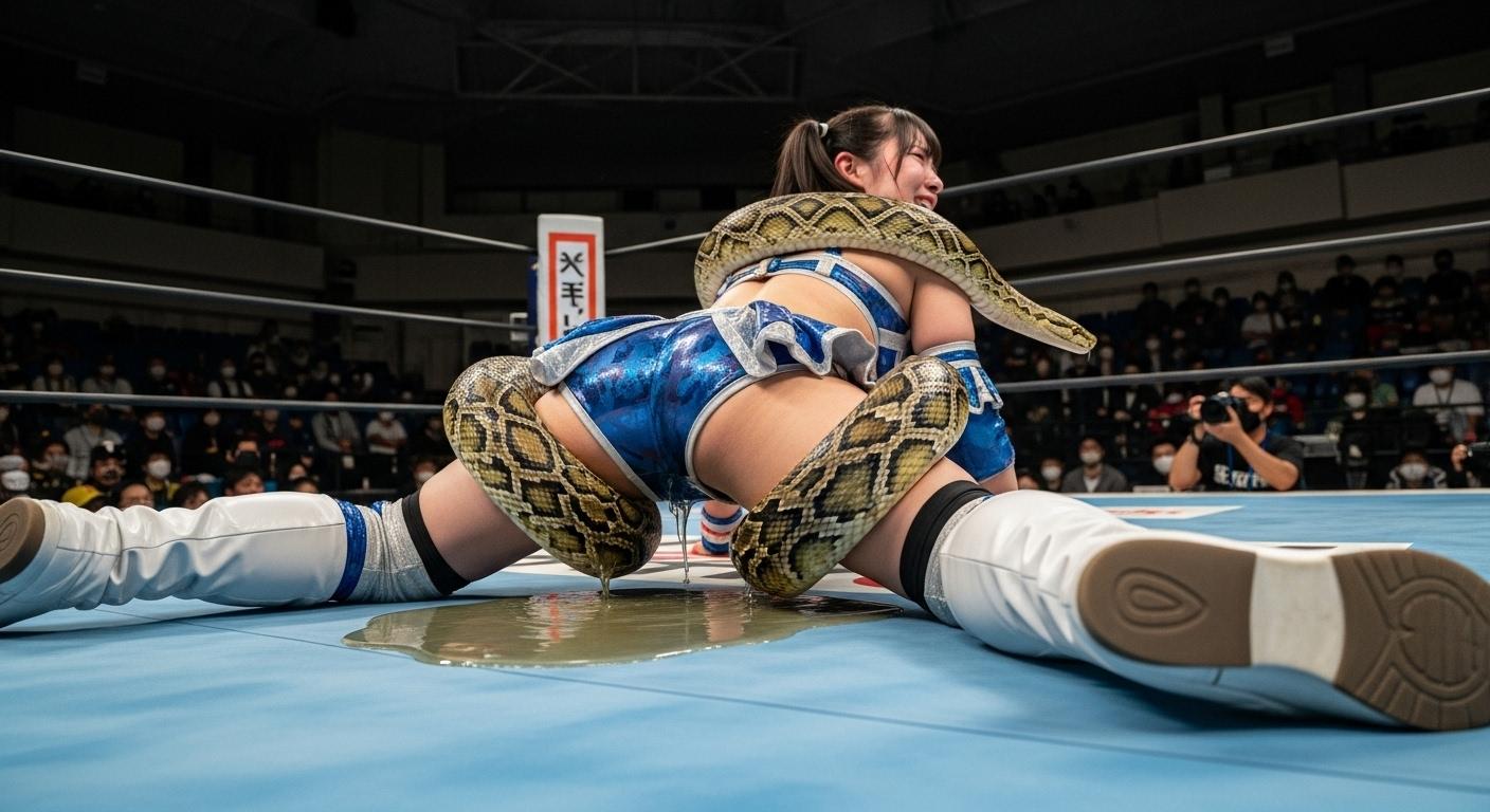 異業種格闘戦 人VS蛇 MIKURUの体が締め付けられ失禁K.O.させられる