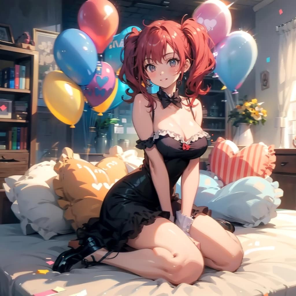 いっぱい色とりどりの風船を持つ赤い髪ツインテールのゴスロリ衣装着た美女