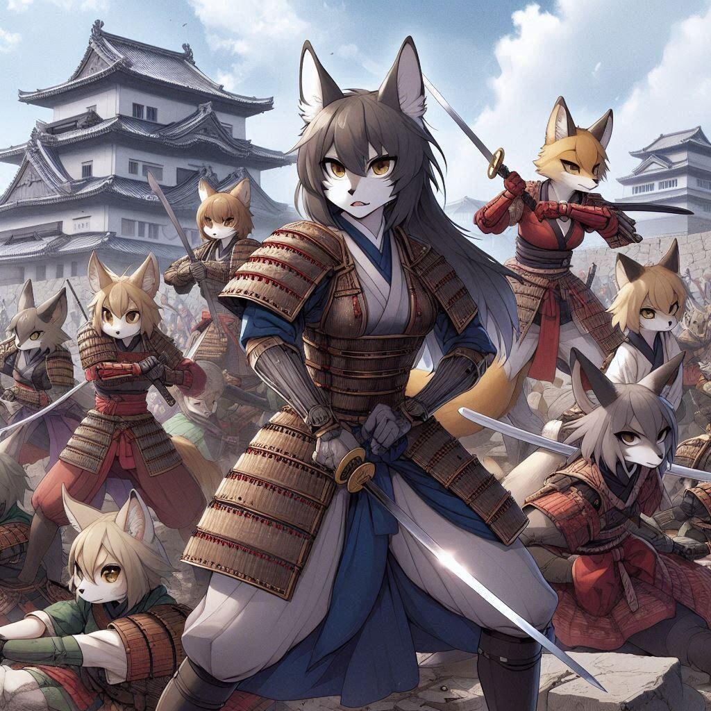 [12枚] 戦国時代、女性が減った人間はアニマル娘を生み出し女性の代わりにしようとした。しかし彼女らは動物の習性が残った勇猛果敢な侍となったのであった！（ケモ耳ラプソディの７１）