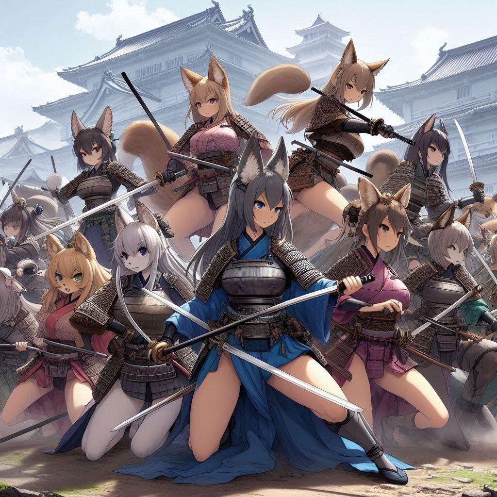 [12枚] 戦国時代、女性が減った人間はアニマル娘を生み出し女性の代わりにしようとした。しかし彼女らは動物の習性が残った勇猛果敢な侍となったのであった！（ケモ耳ラプソディの７１）