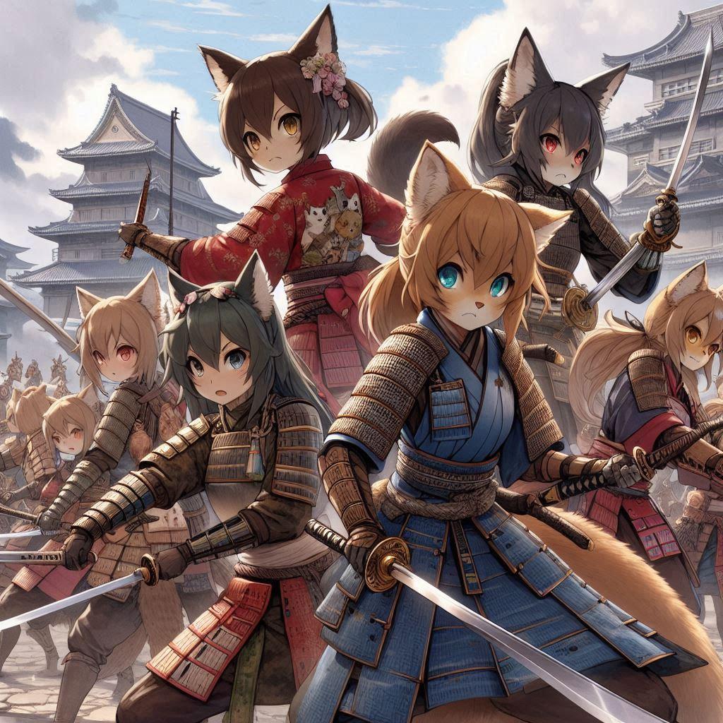 [12枚] 戦国時代、女性が減った人間はアニマル娘を生み出し女性の代わりにしようとした。しかし彼女らは動物の習性が残った勇猛果敢な侍となったのであった！（ケモ耳ラプソディの７１）