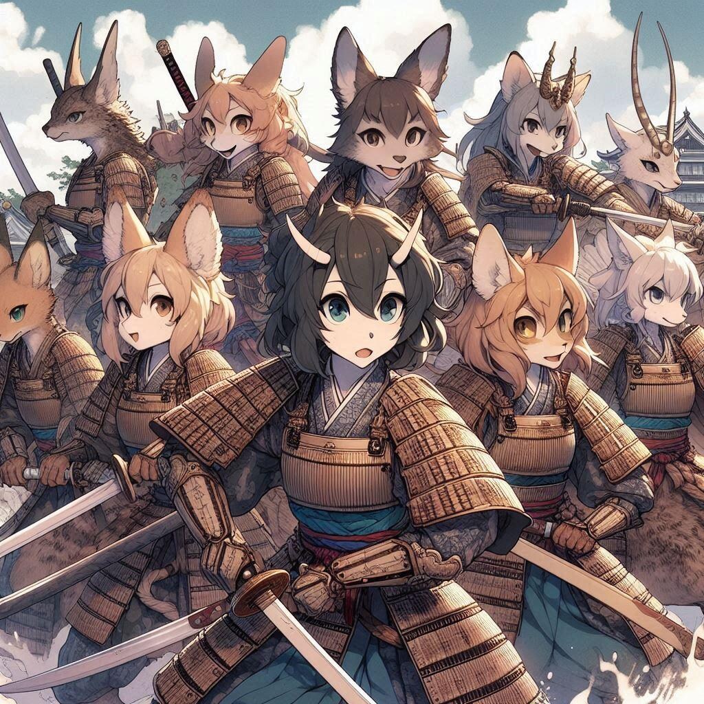 [12枚] 戦国時代、女性が減った人間はアニマル娘を生み出し女性の代わりにしようとした。しかし彼女らは動物の習性が残った勇猛果敢な侍となったのであった！（ケモ耳ラプソディの７１）