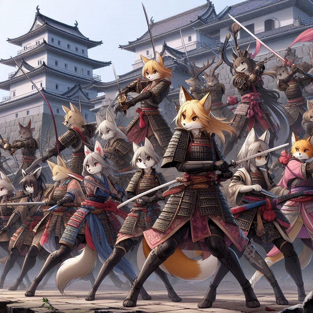 [12枚] 戦国時代、女性が減った人間はアニマル娘を生み出し女性の代わりにしようとした。しかし彼女らは動物の習性が残った勇猛果敢な侍となったのであった！（ケモ耳ラプソディの７１）