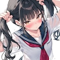 髪を結ぼうとするツインテール少女 2枚目