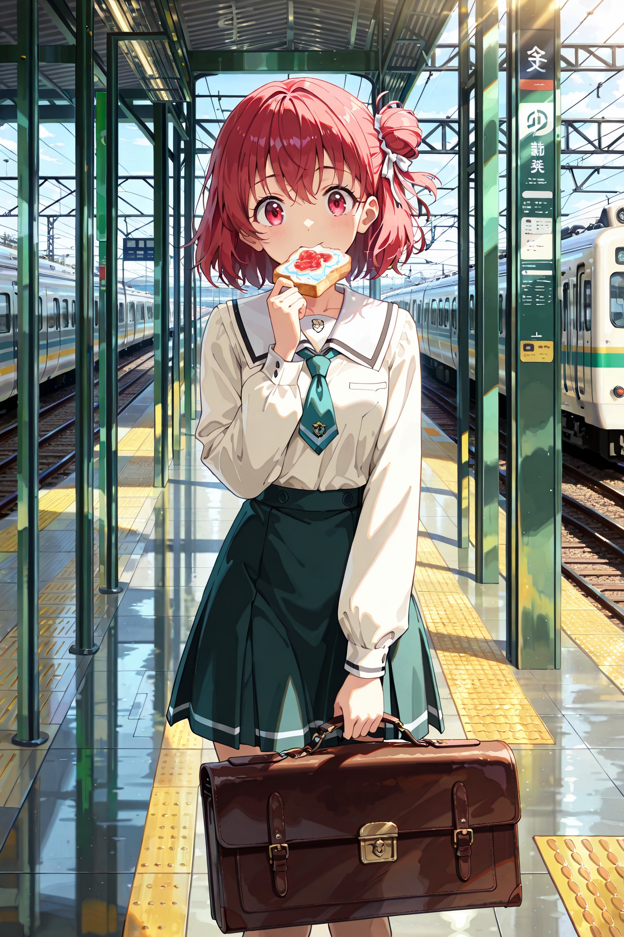 駅構内でもお約束のパン咥え（但し、出会い頭の衝突は無し）