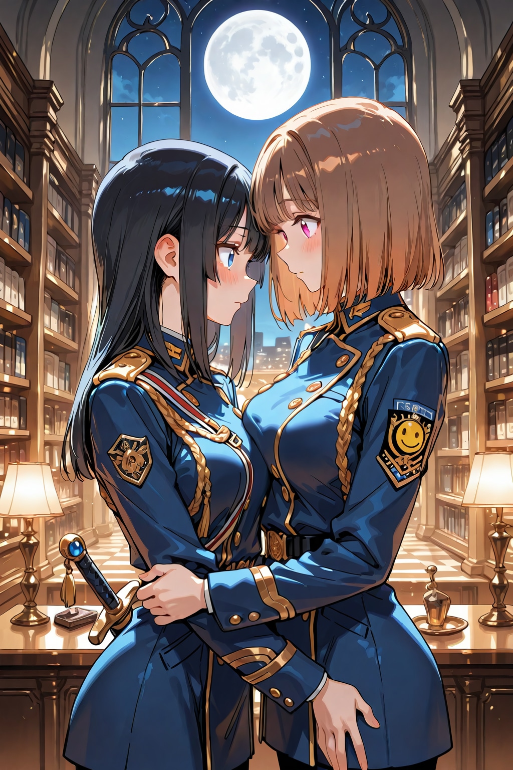 図書館にて。軍服姿の葵さんと架純さん(ちちぷい版) | の人気AIイラスト・グラビア