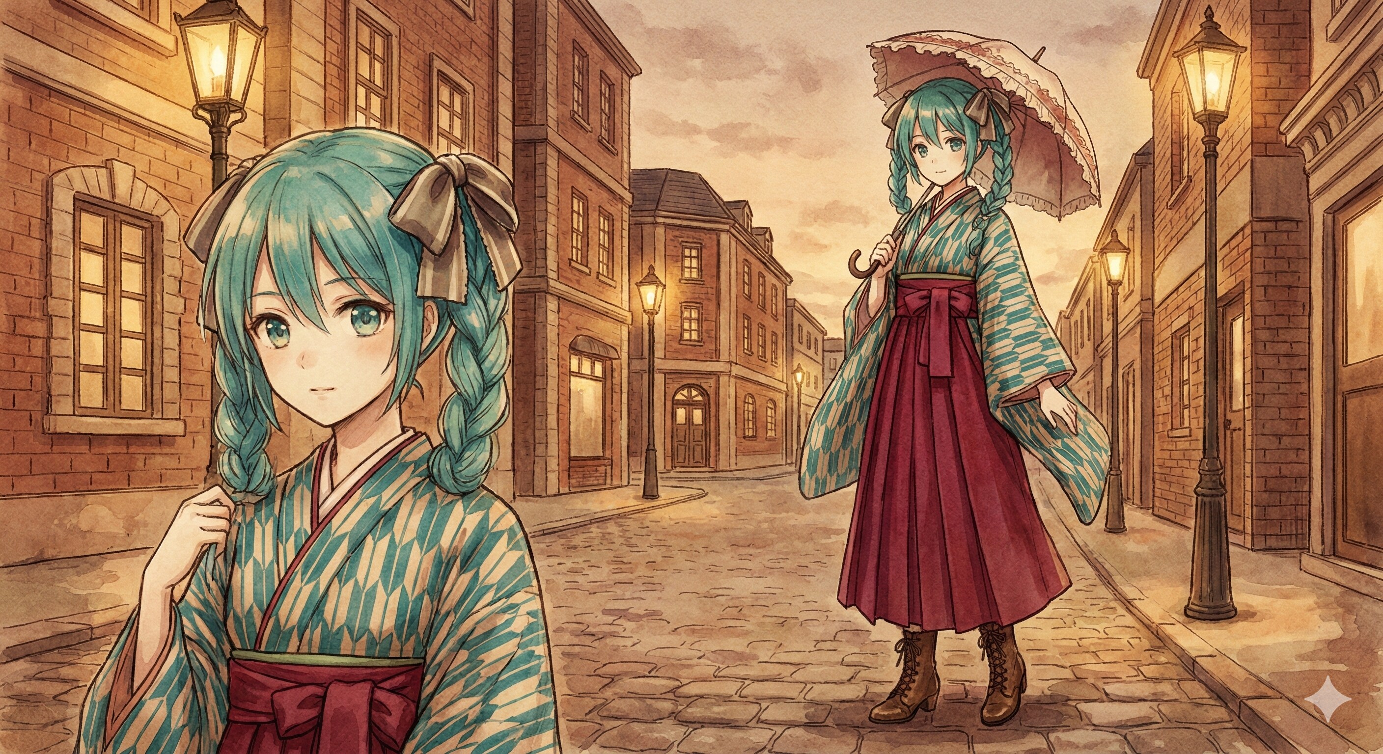 水彩画ミクさん　大正浪漫、煉瓦造りの街角にて | の人気AIイラスト・グラビア