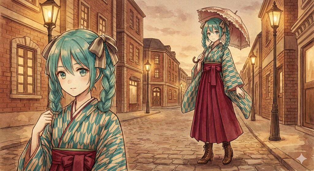 水彩画ミクさん　大正浪漫、煉瓦造りの街角にて