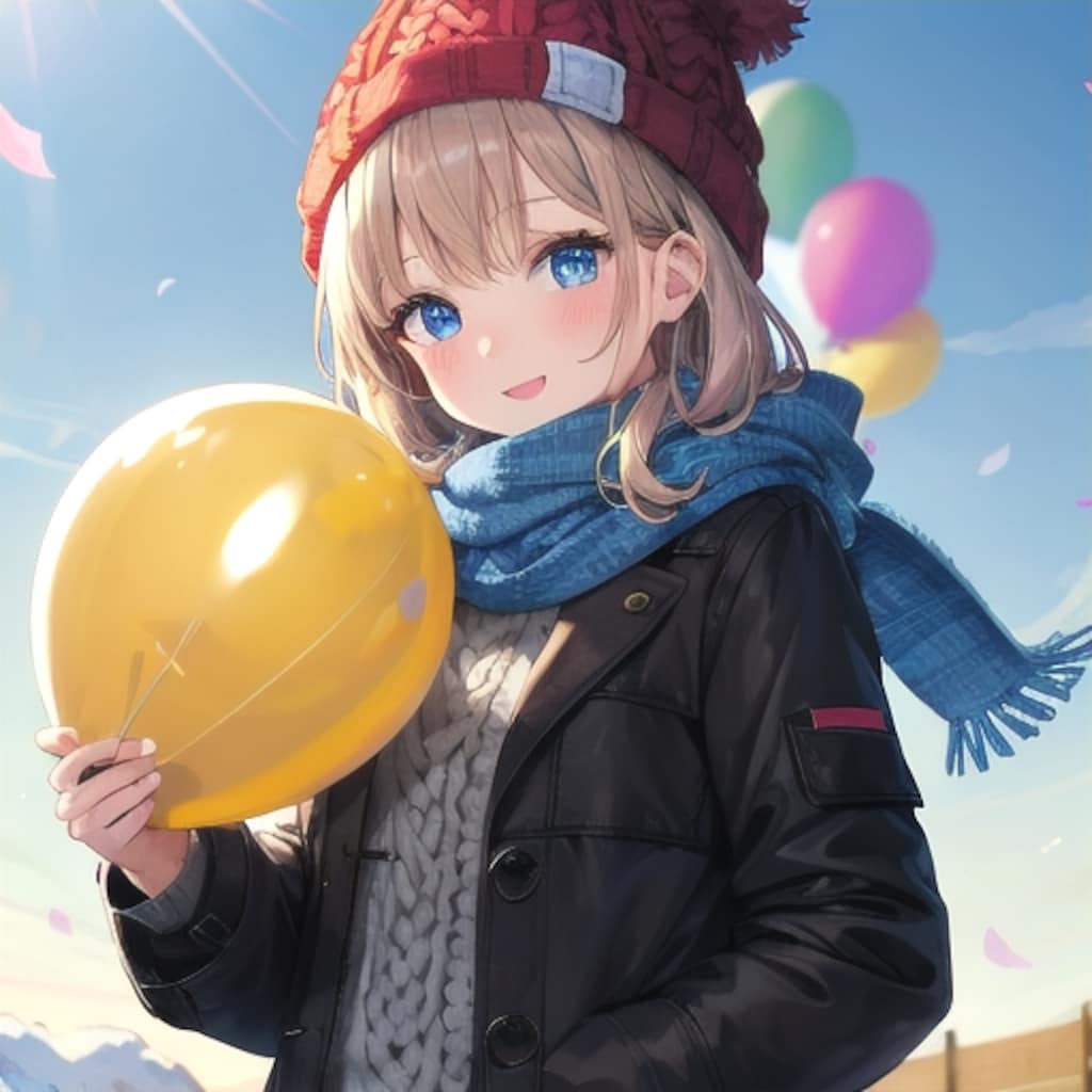 いっぱい風船を飛ばしたり持ったりしている冬服の同級生