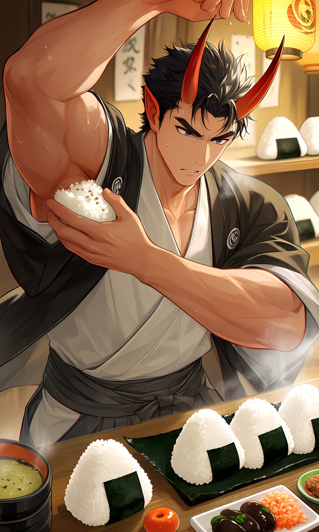 おにぎりをにぎる鬼のお兄さん