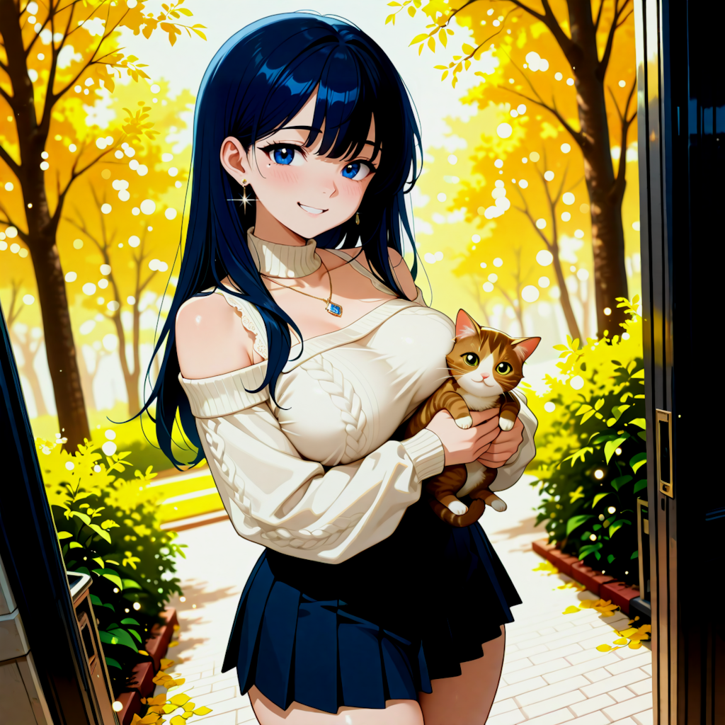 木漏れ日の中、子猫を抱くあい