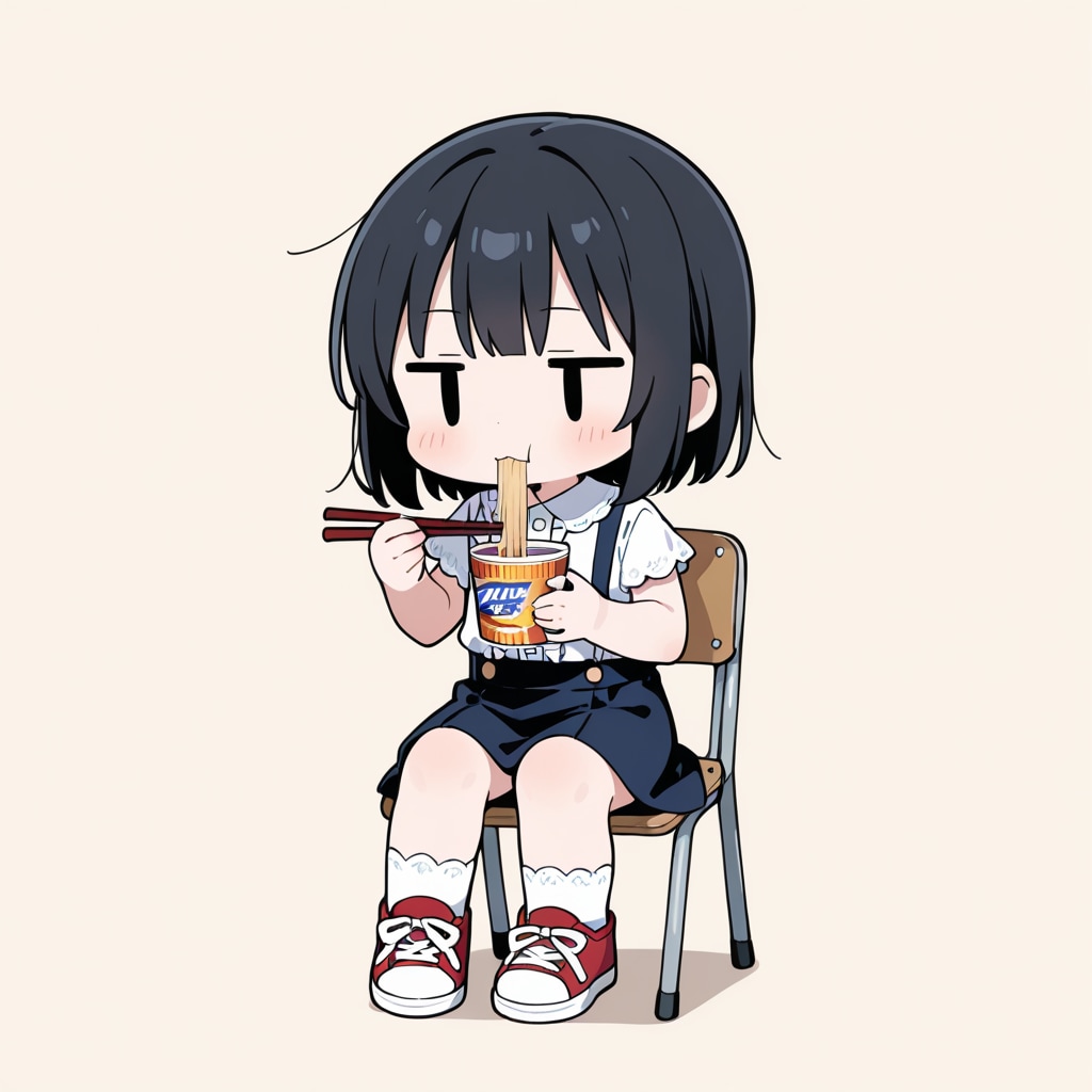 即席ラーメンを食べる