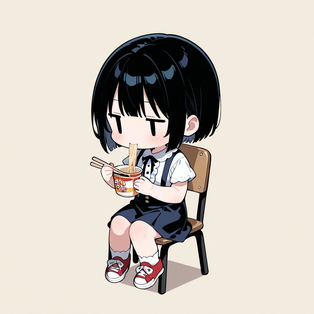 即席ラーメンを食べる