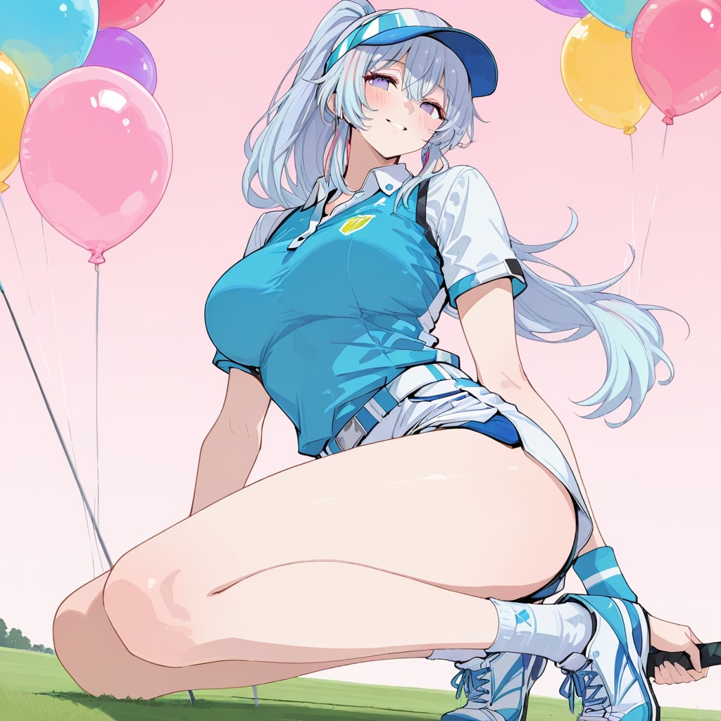 いっぱい色とりどりの風船を持つ水色髪ポニーテールのゴルフウェア着た美女