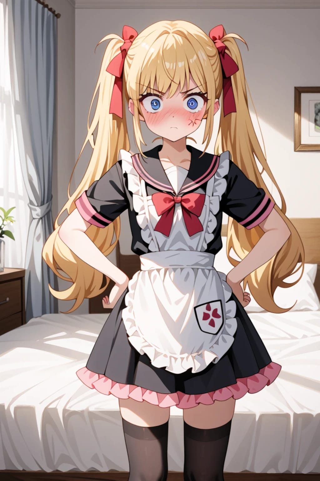「ふ、ふんっ…！」金髪ツインテメイド莉奈のツン照れ顔♡ メイド服なのに不機嫌🌸😠
