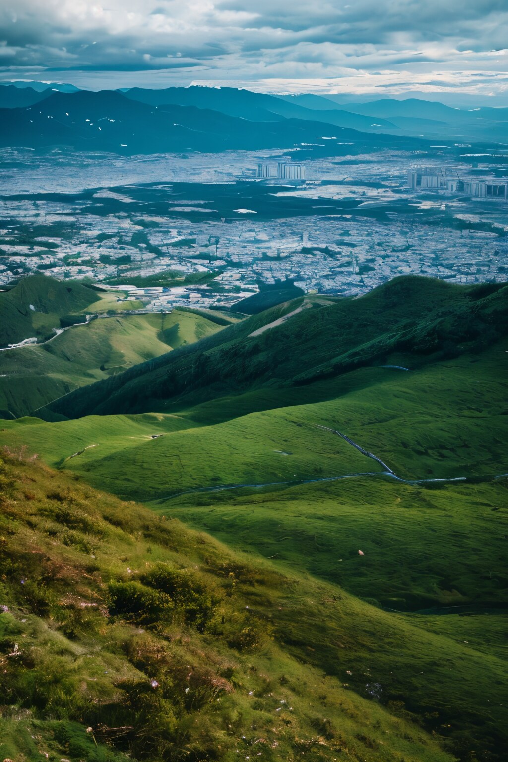 山頂から麓の町を臨む