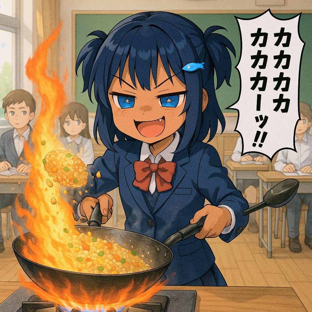 笑顔でチャーハンを作るこなつちゃん