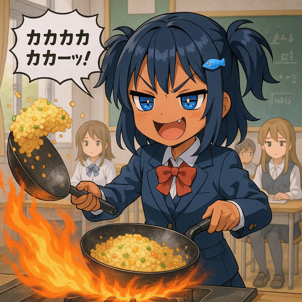 笑顔でチャーハンを作るこなつちゃん