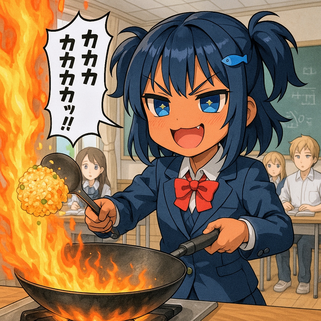 笑顔でチャーハンを作るこなつちゃん