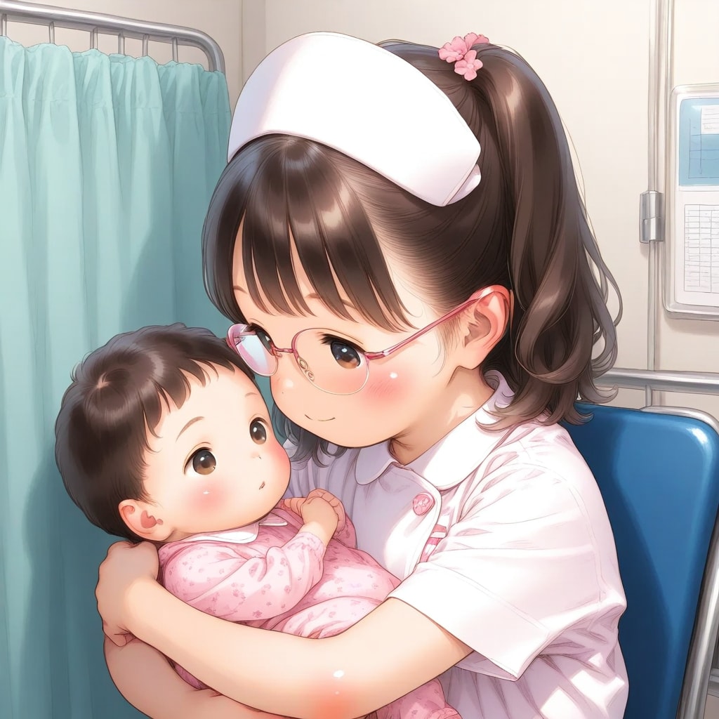 赤ちゃんを抱くメガネっ娘