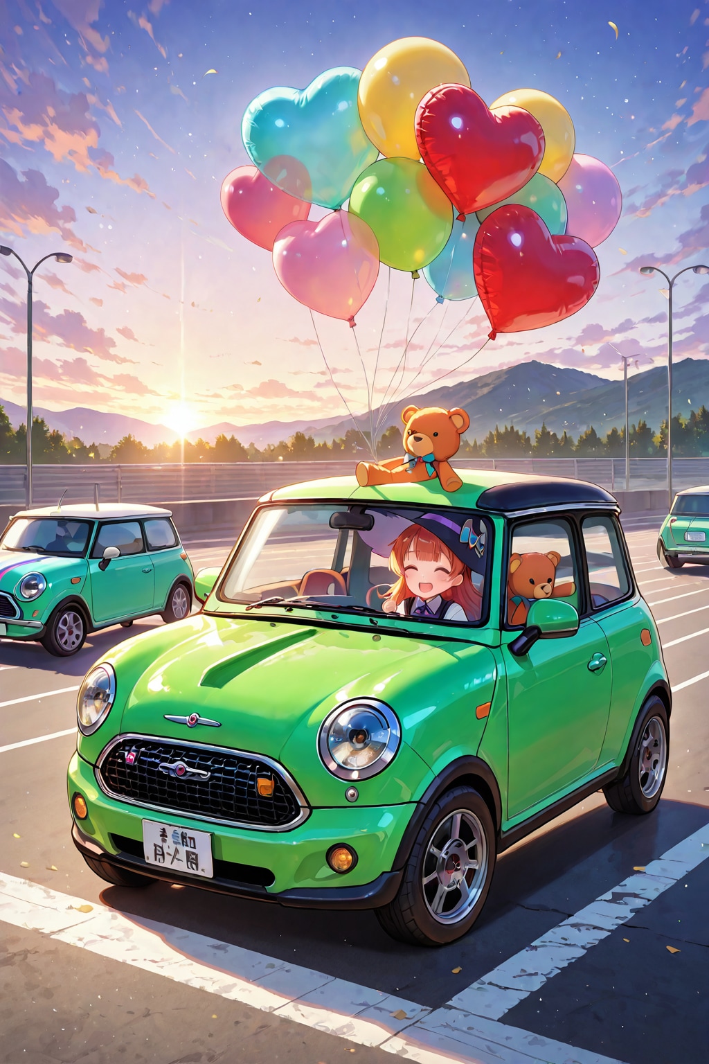 ハート風船とクマの夕陽ドライブ | の人気AIイラスト・グラビア