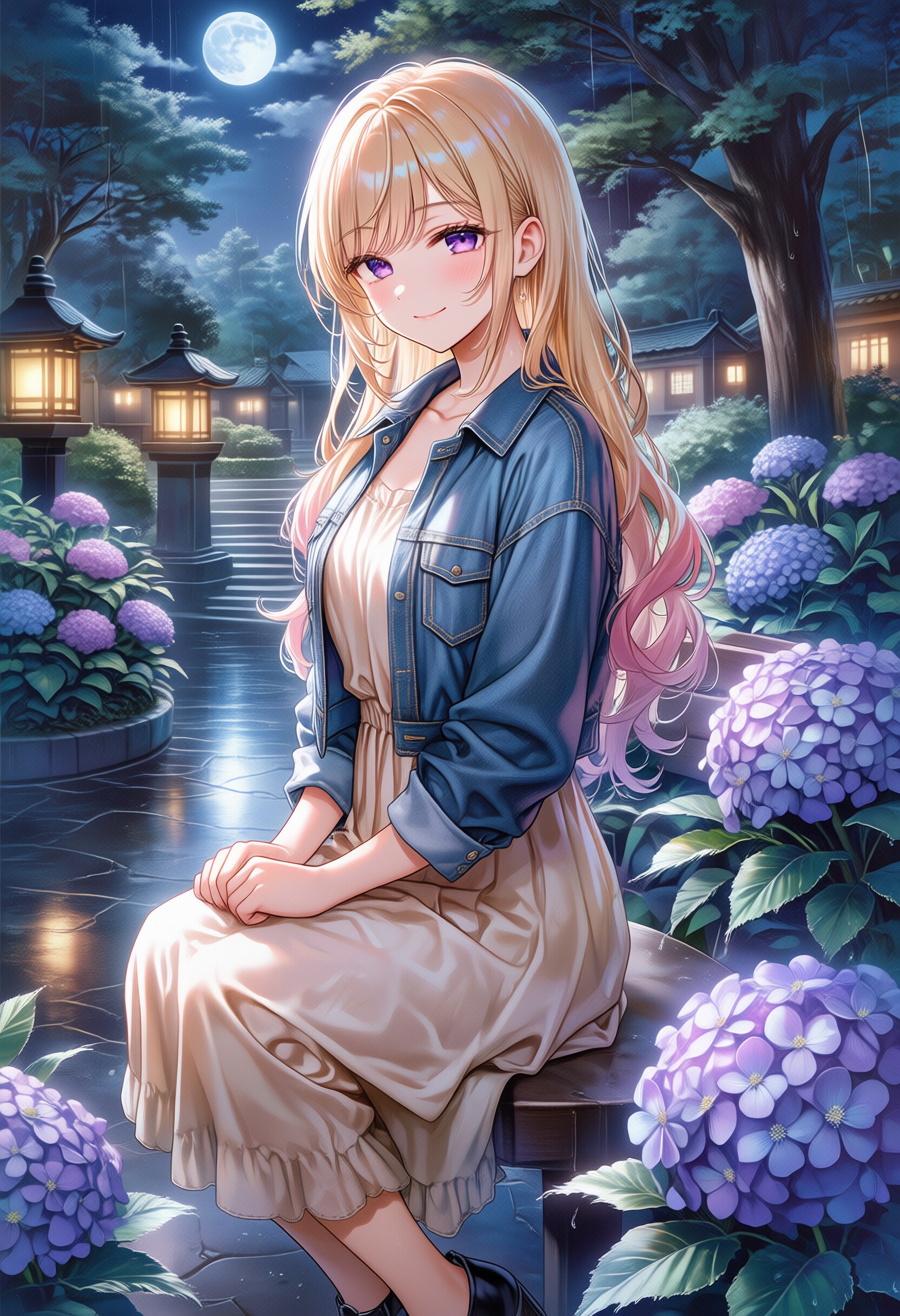 月あかり、紫陽花のベンチで | の人気AIイラスト・グラビア