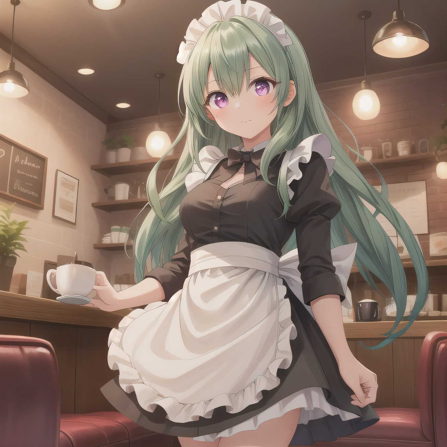 緑髪ロングでカフェの少女 | の人気AIイラスト・グラビア