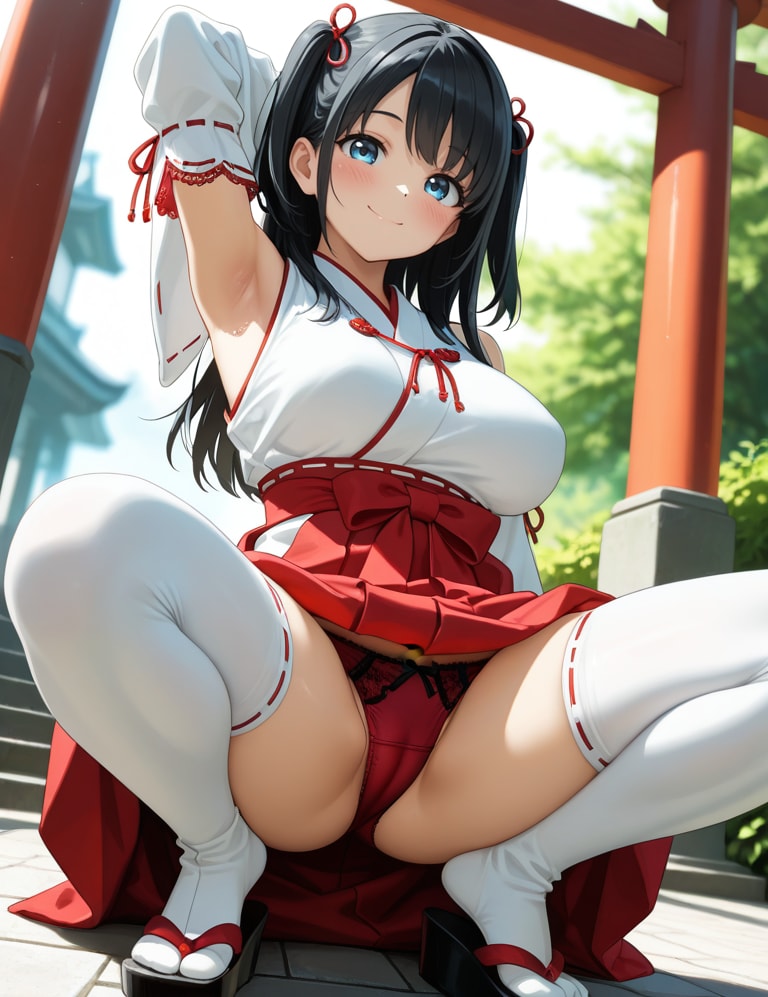 わき見え巫女さんのむちむち白ニーソと赤パンツ💗