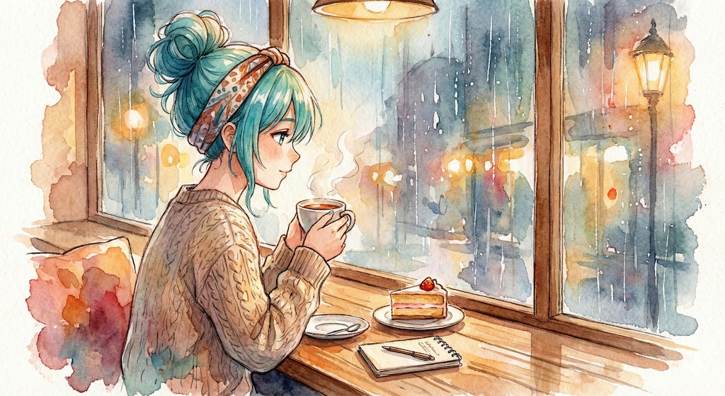 水彩画ミクさん　お団子ヘアで、ちょっとひと休み