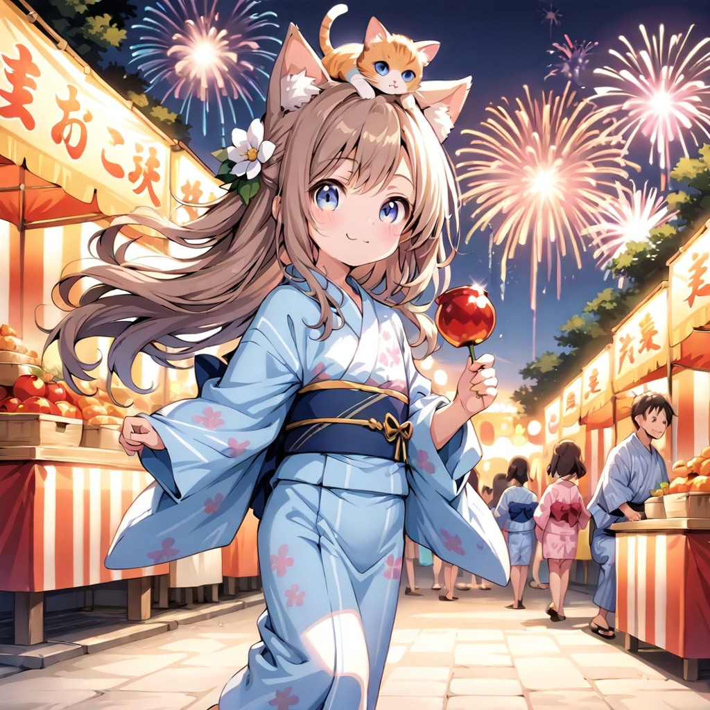 夏祭りでりんご飴を食べる小さな女の子